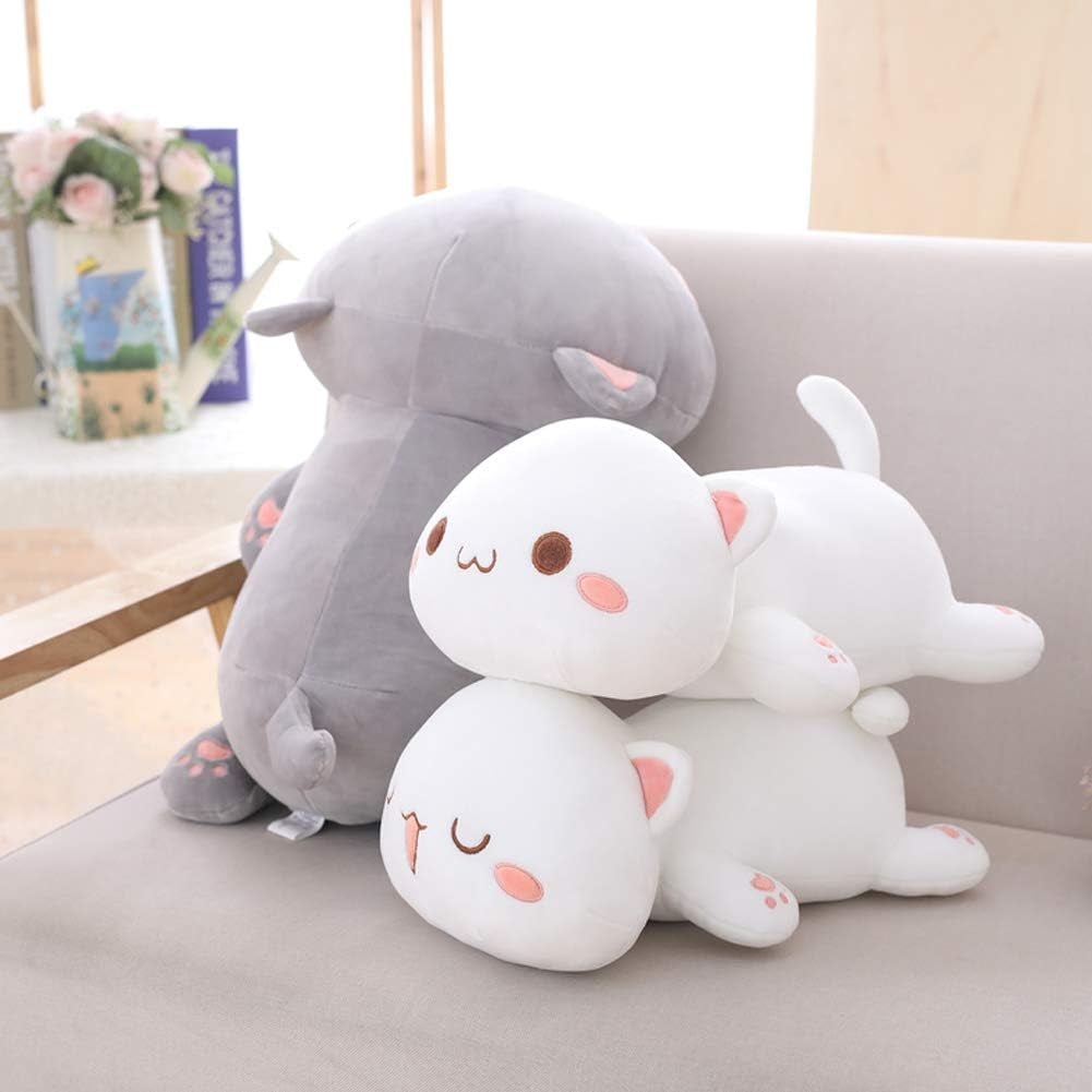 Cat Stuffed Animals, Soft Cat Plush Pillow Kawaii Kitten Stuffed Animal Toy Gifts for Kids (White Squint Eyes, 13.7")