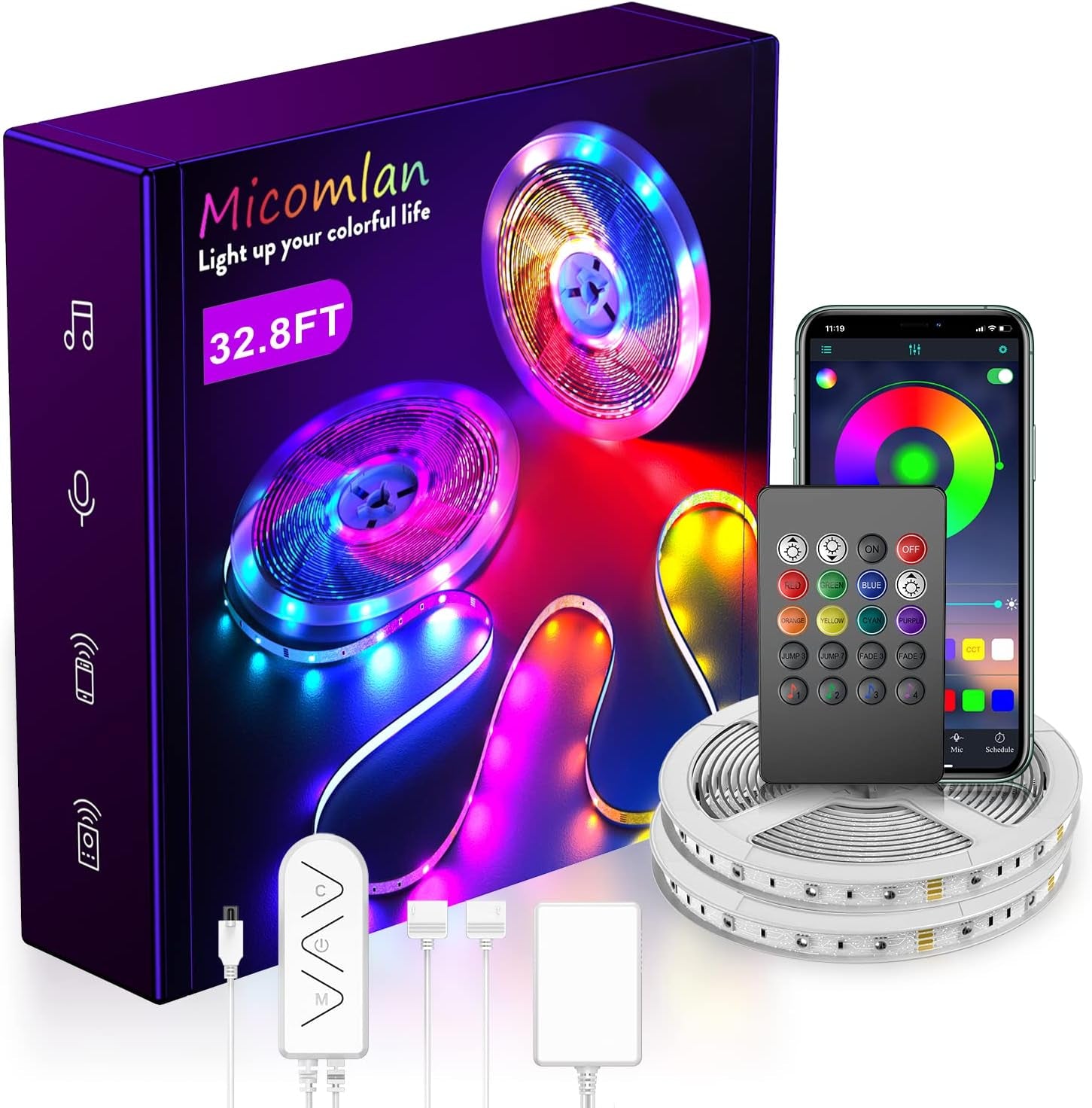 Transform Your Space with Micomlan 32.8Ft LED Strip Lights - Music Sync, Bluetooth App Control & Dynamic Color Changing RGB Effects!