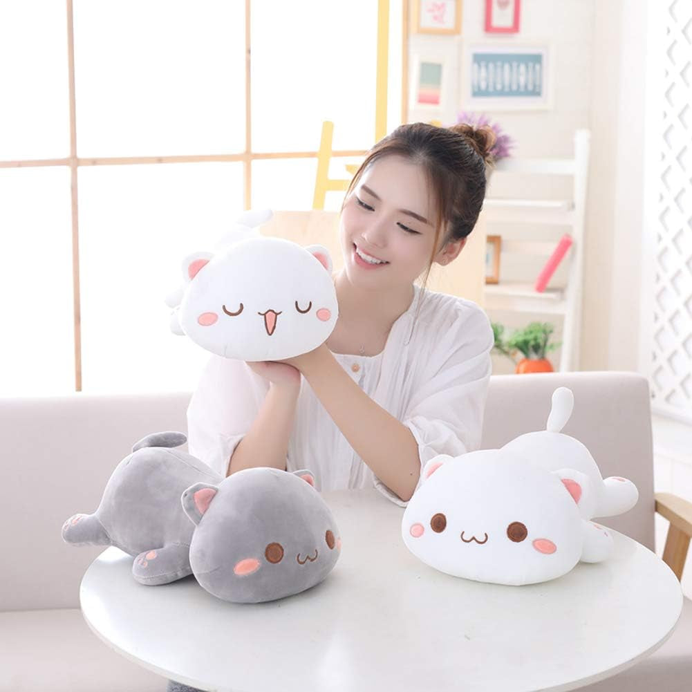 Cat Stuffed Animals, Soft Cat Plush Pillow Kawaii Kitten Stuffed Animal Toy Gifts for Kids (White Squint Eyes, 13.7")